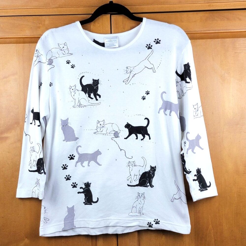 🐾 VTG 90s MORNING SUN ALL-OVER CAT PRINT TOP - M 🐈⬛✨